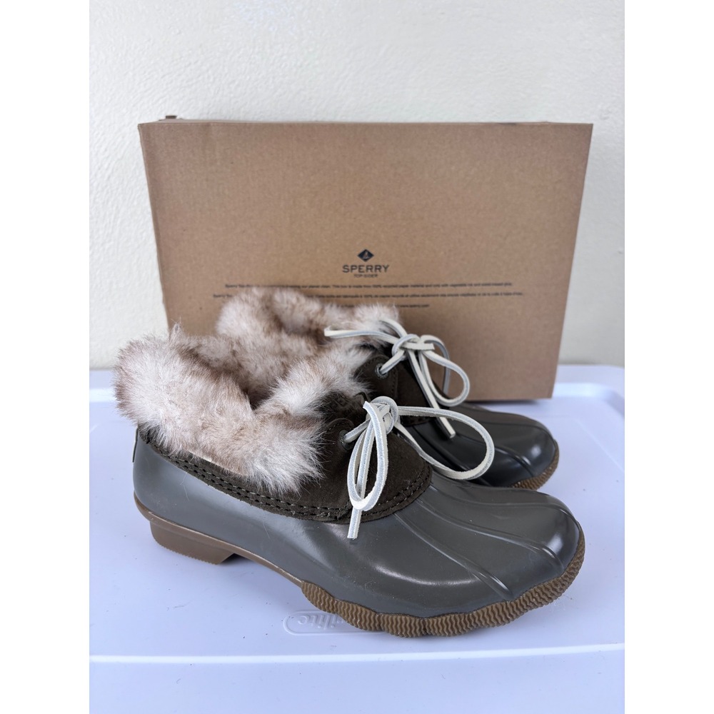 Sperry Saltwater 1-Eye Duck Boots Women's 5 Waterproof Faux Fur Green Gorpcore